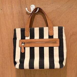 Joy Susan Black and Cream Striped Tote with Tan Leather Trim